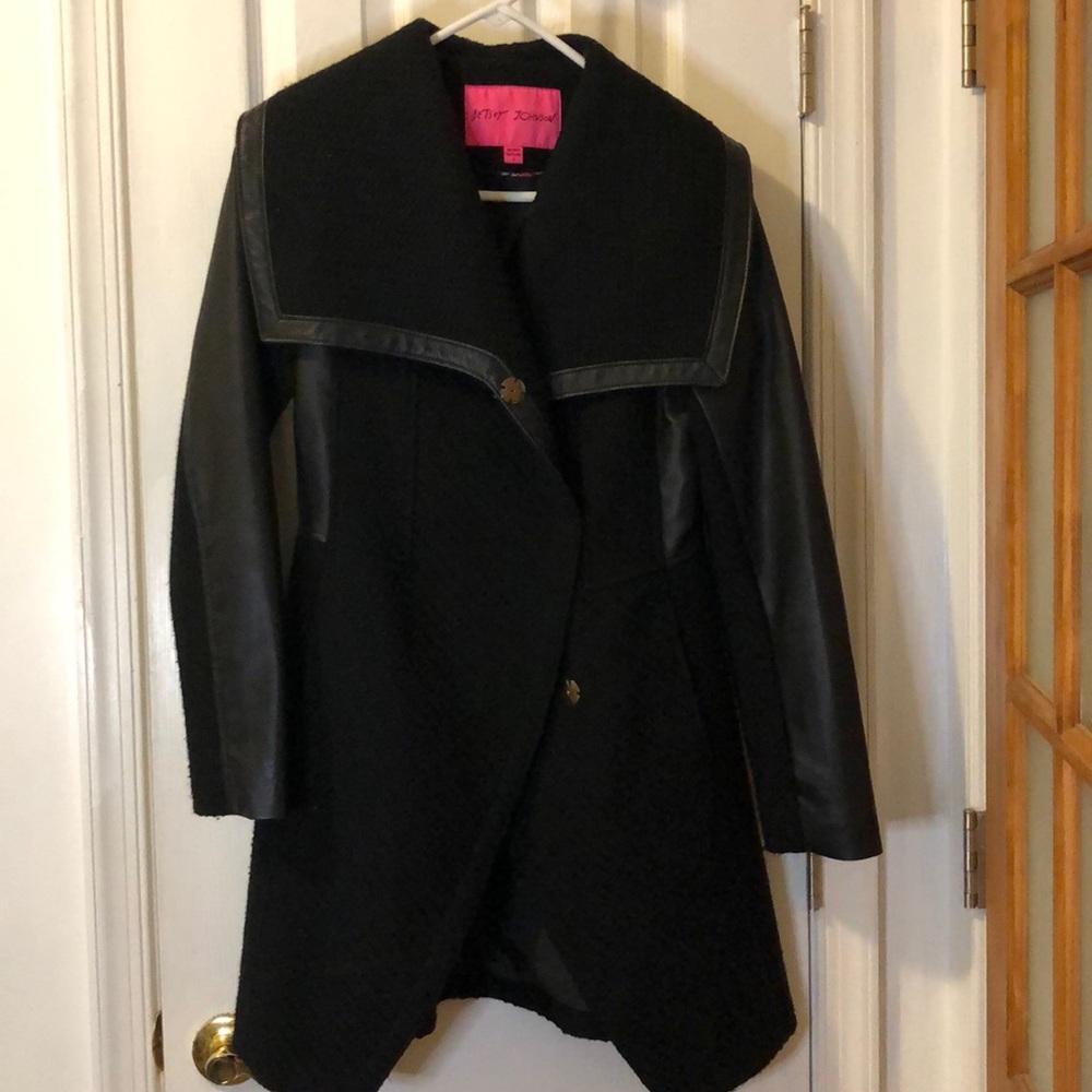 Betsey Johnson Black Wool & Faux Leather Coat